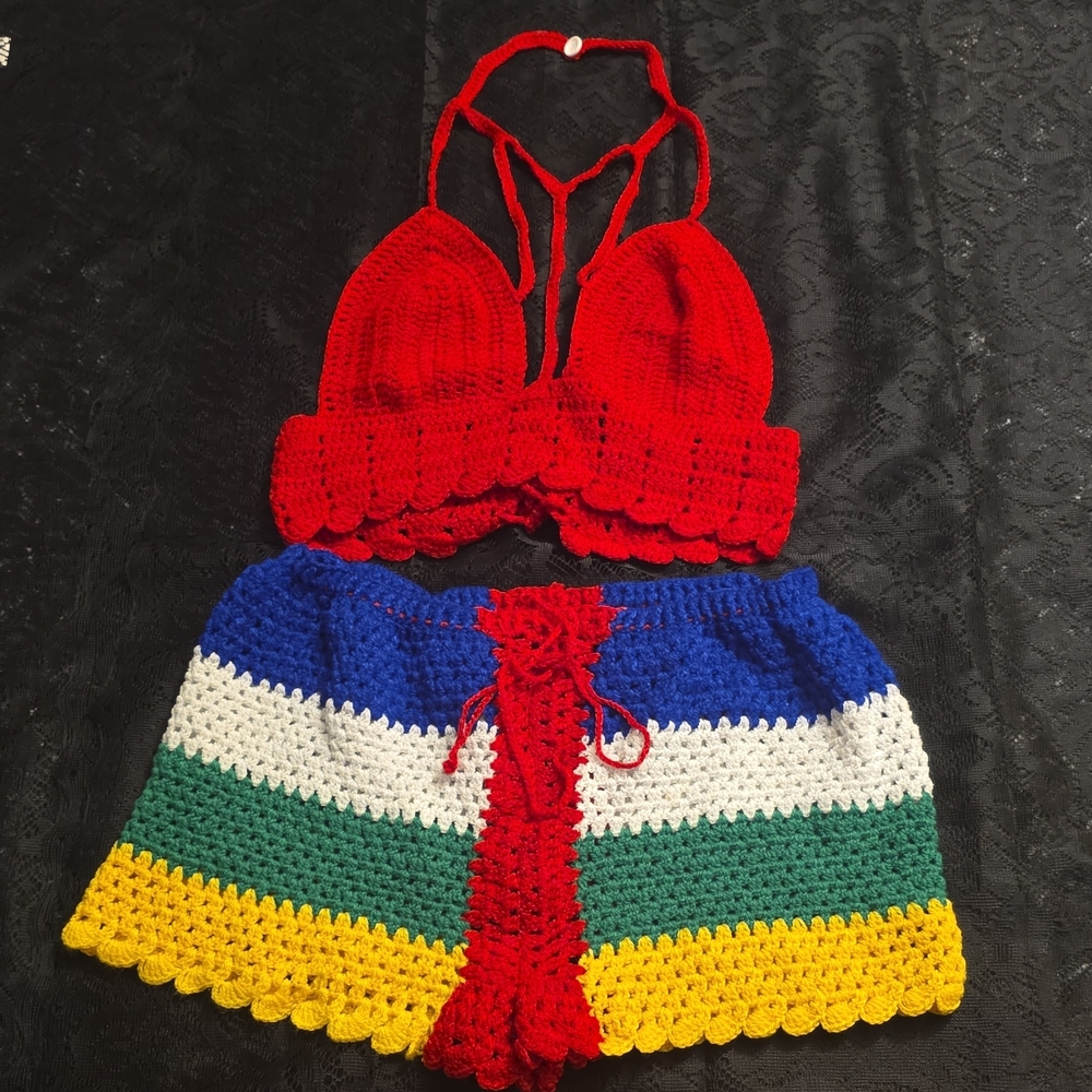 Handmade Crochet Crop Top and Shorts Set in Red, Blue, White, Green, Yellow